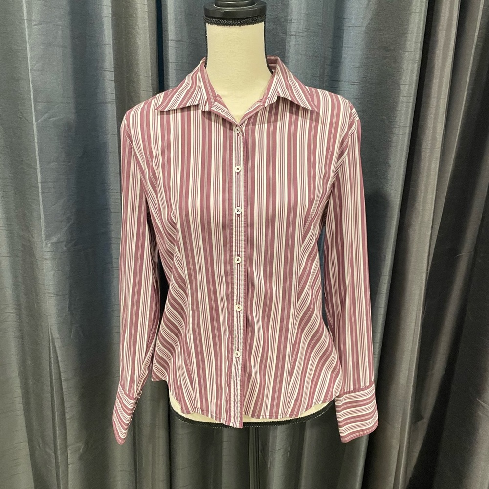 Ann Taylor burgundy, pink and crème stripped button down dress shirt